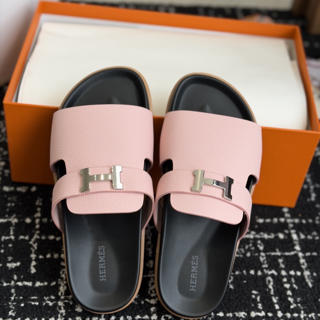 HERMES Classic Strap Sandals, Premium Leather Upper with Open Toe and Molded Rubber Outsole Design