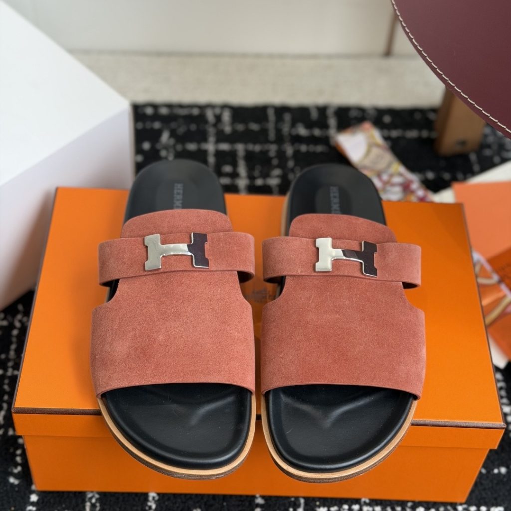 HERMES Comfort Slide Slippers, Premium Leather Upper with Open Toe Design and Molded Rubber Outsole