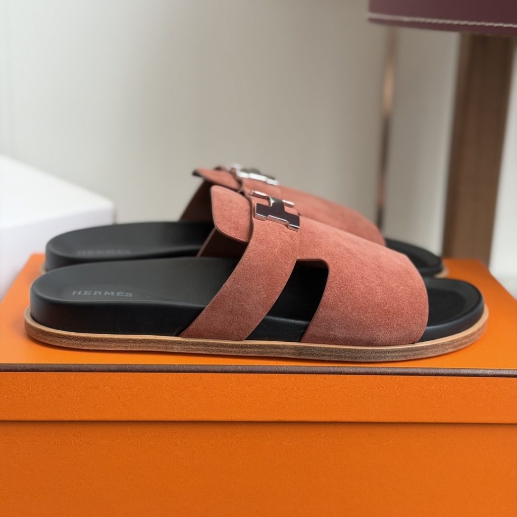HERMES Comfort Slide Slippers, Premium Leather Upper with Open Toe Design and Molded Rubber Outsole