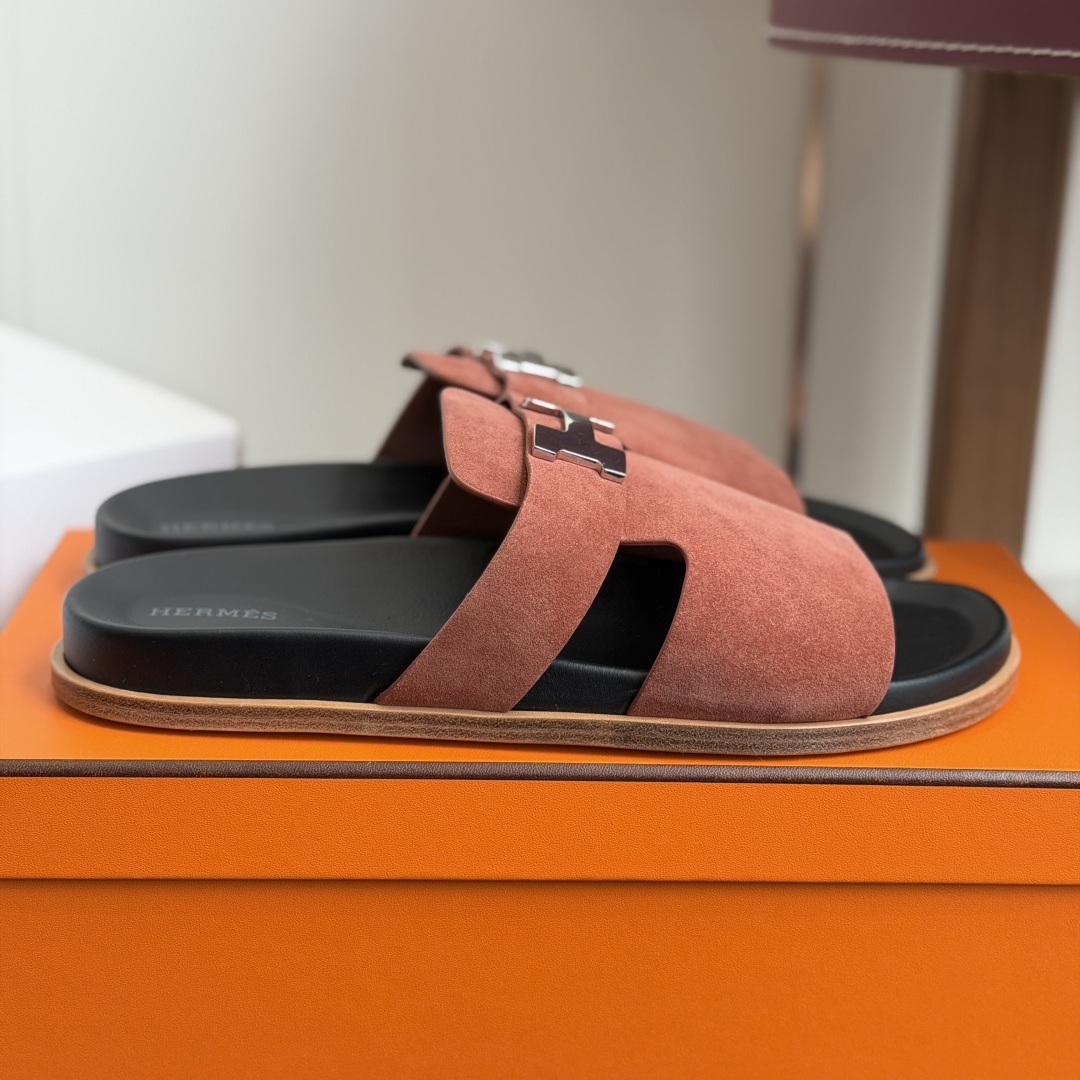 HERMES Comfort Slide Slippers, Premium Leather Upper with Open Toe Design and Molded Rubber Outsole