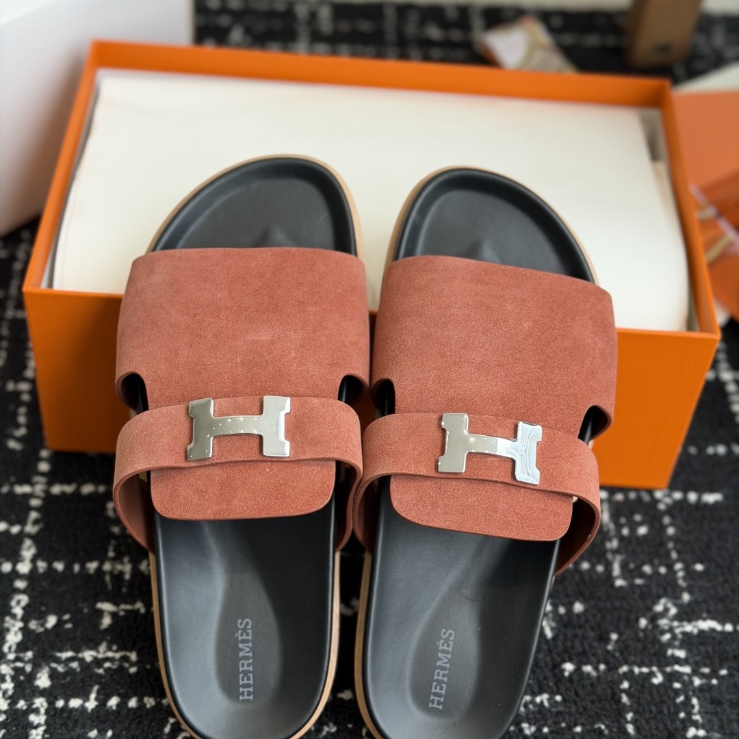 HERMES Comfort Slide Slippers, Premium Leather Upper with Open Toe Design and Molded Rubber Outsole