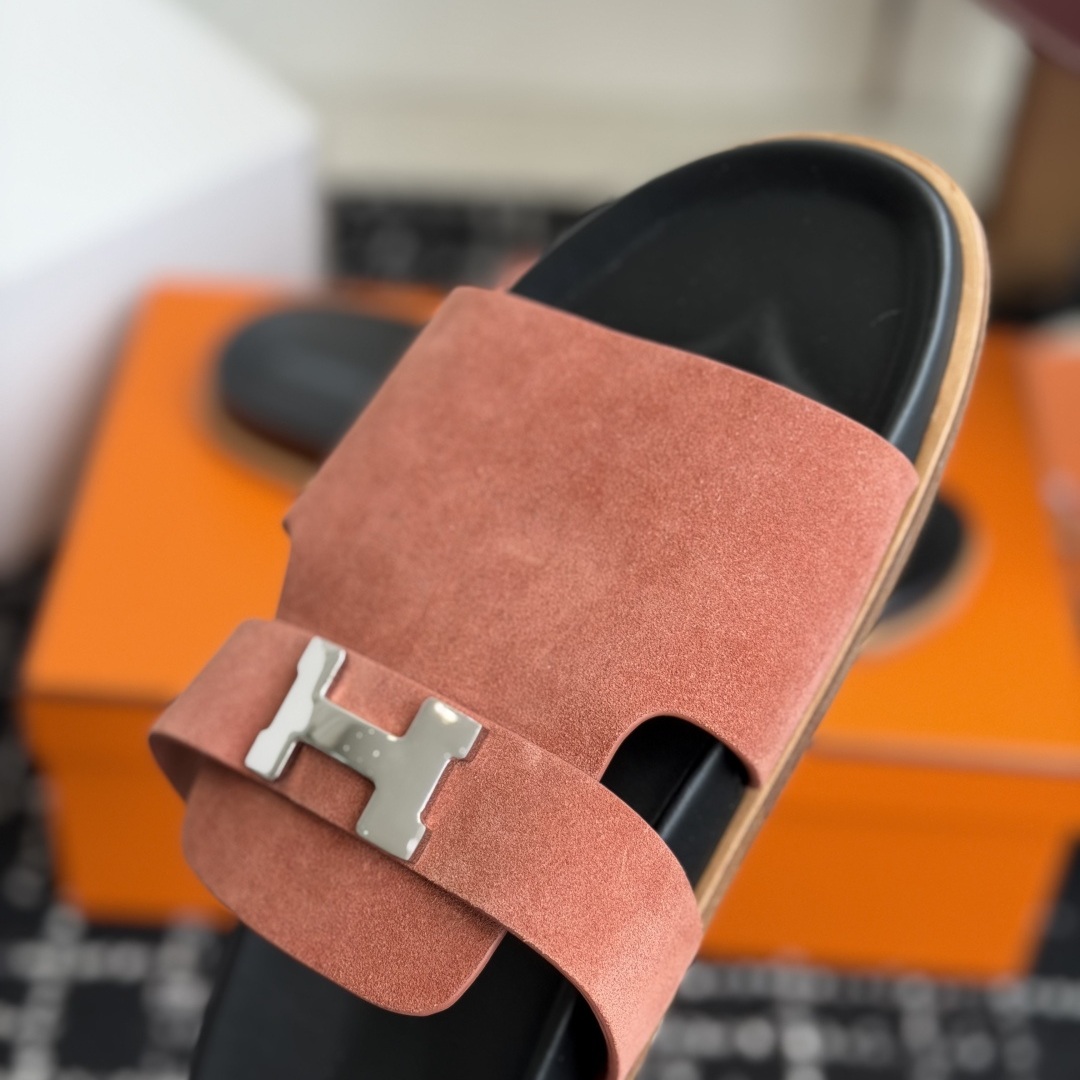 HERMES Comfort Slide Slippers, Premium Leather Upper with Open Toe Design and Molded Rubber Outsole