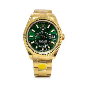 Rolex Sky-Dweller Style Automatic Watch, Green Dial Date Yellow Gold Case Metal Bracelet 100m WR