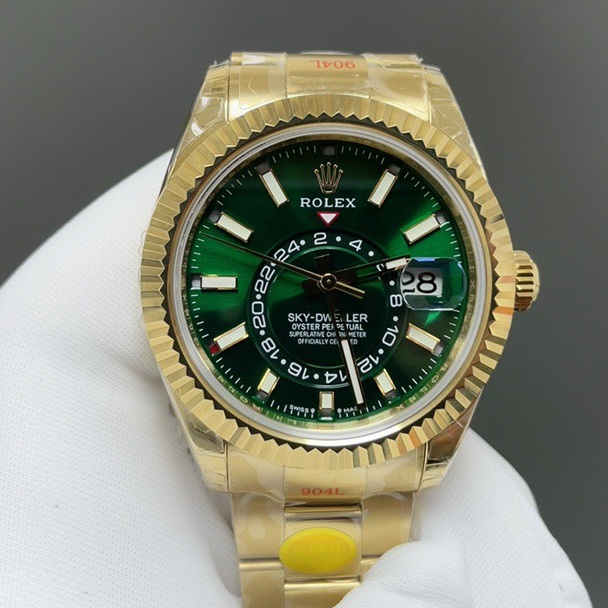 Rolex Sky-Dweller Style Automatic Watch, Green Dial Date Yellow Gold Case Metal Bracelet 100m WR