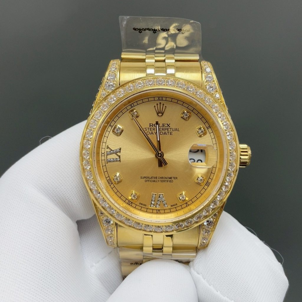 Rolex Day-Date Style Automatic Watch, Champagne Dial Roman Numeral Yellow Gold Case Metal Bracelet