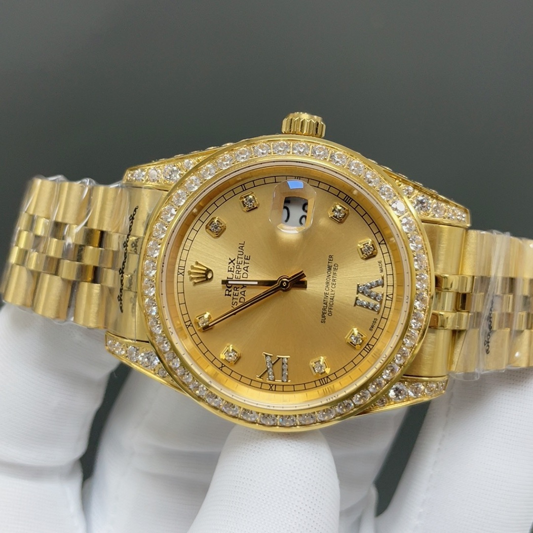 Rolex Day-Date Style Automatic Watch, Champagne Dial Roman Numeral Yellow Gold Case Metal Bracelet