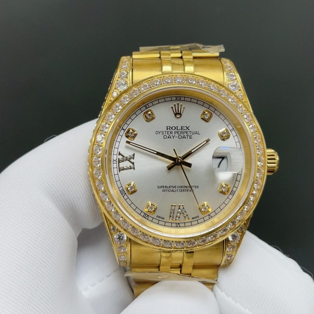 Rolex Day-Date Style Automatic Watch, Champagne Dial Roman Numeral Yellow Gold Case Metal Bracelet