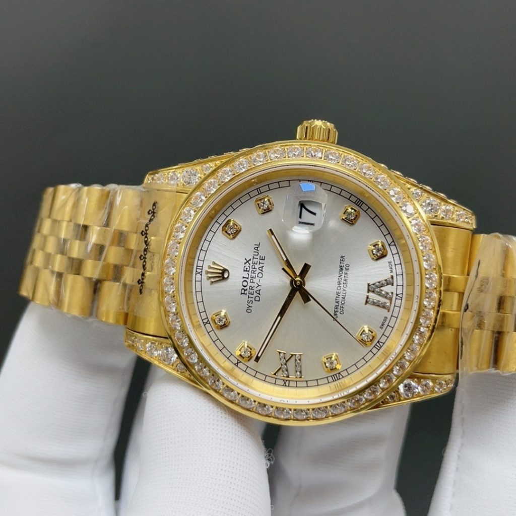 Rolex Day-Date Style Automatic Watch, Champagne Dial Roman Numeral Yellow Gold Case Metal Bracelet