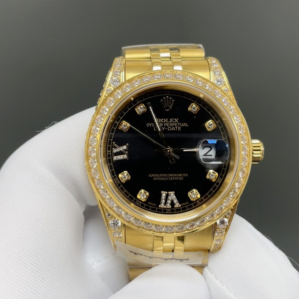 Rolex Day-Date Style Automatic Watch, Champagne Dial Roman Numeral Yellow Gold Case Metal Bracelet