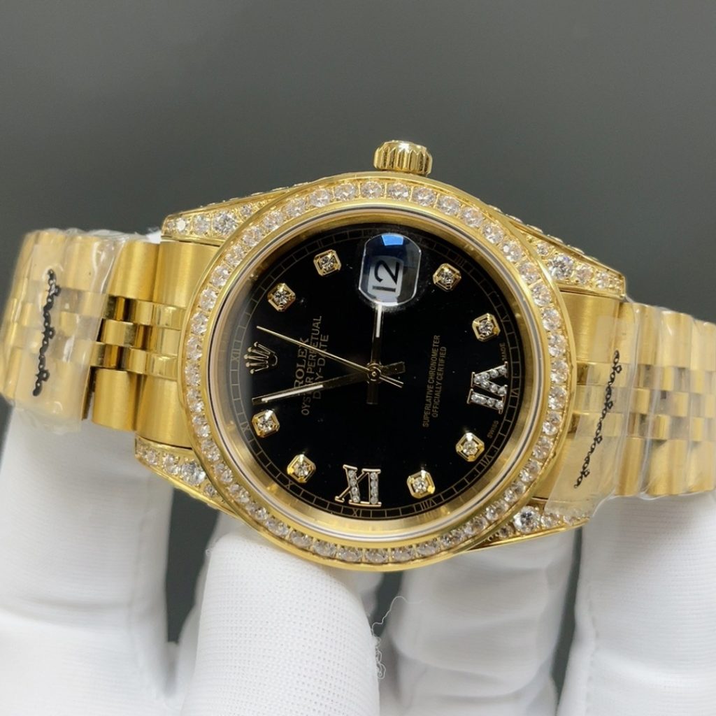 Rolex Day-Date Style Automatic Watch, Champagne Dial Roman Numeral Yellow Gold Case Metal Bracelet