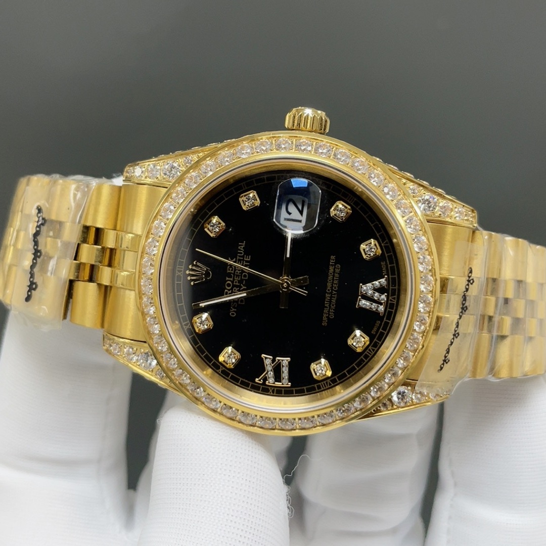 Rolex Day-Date Style Automatic Watch, Champagne Dial Roman Numeral Yellow Gold Case Metal Bracelet