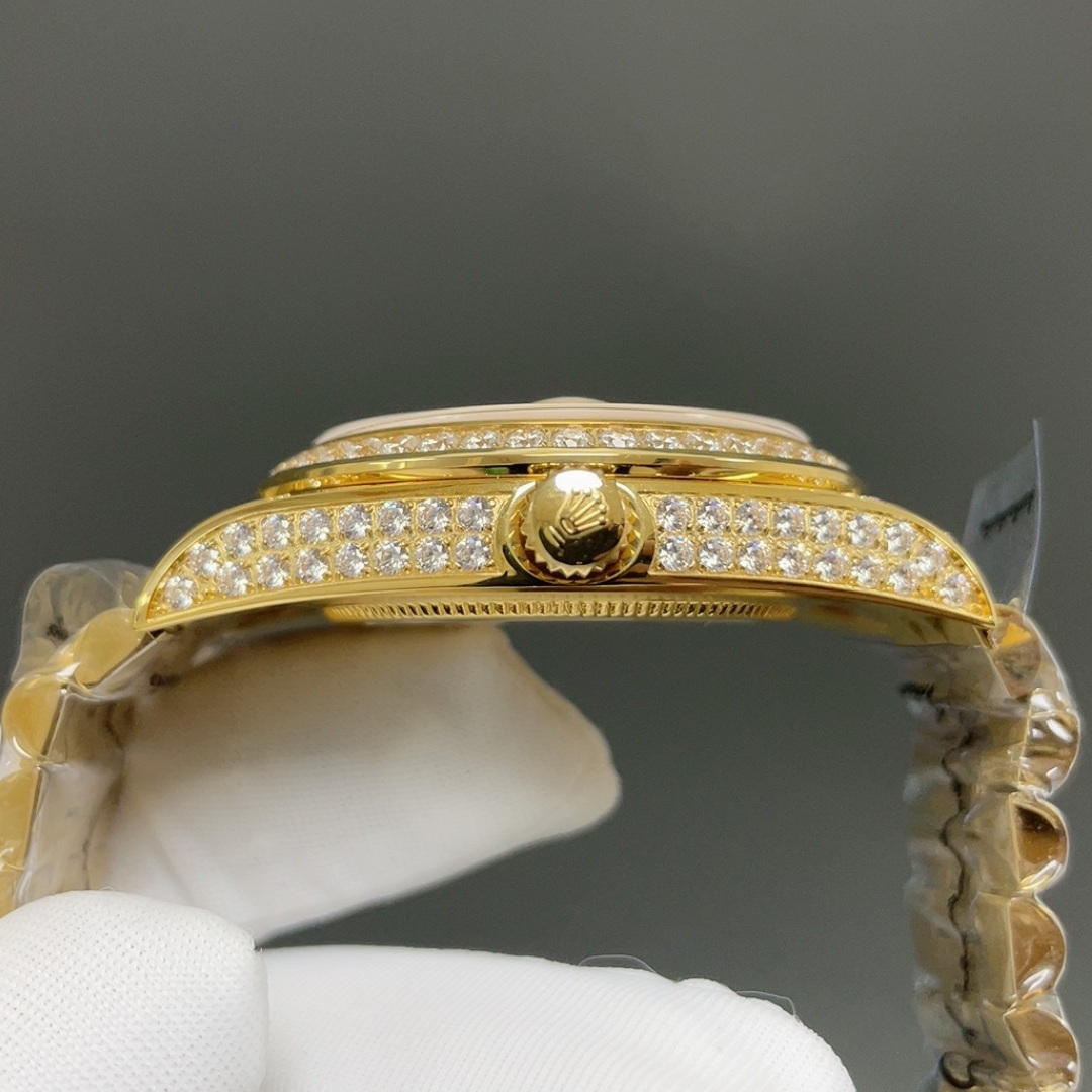 Rolex Day-Date Style Automatic Watch, Champagne Dial Roman Numeral Yellow Gold Case Metal Bracelet