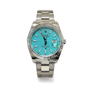 Rolex Datejust Style Automatic Watch, Blue Dial White Gold Case Metal Bracelet 100m Water Resistant