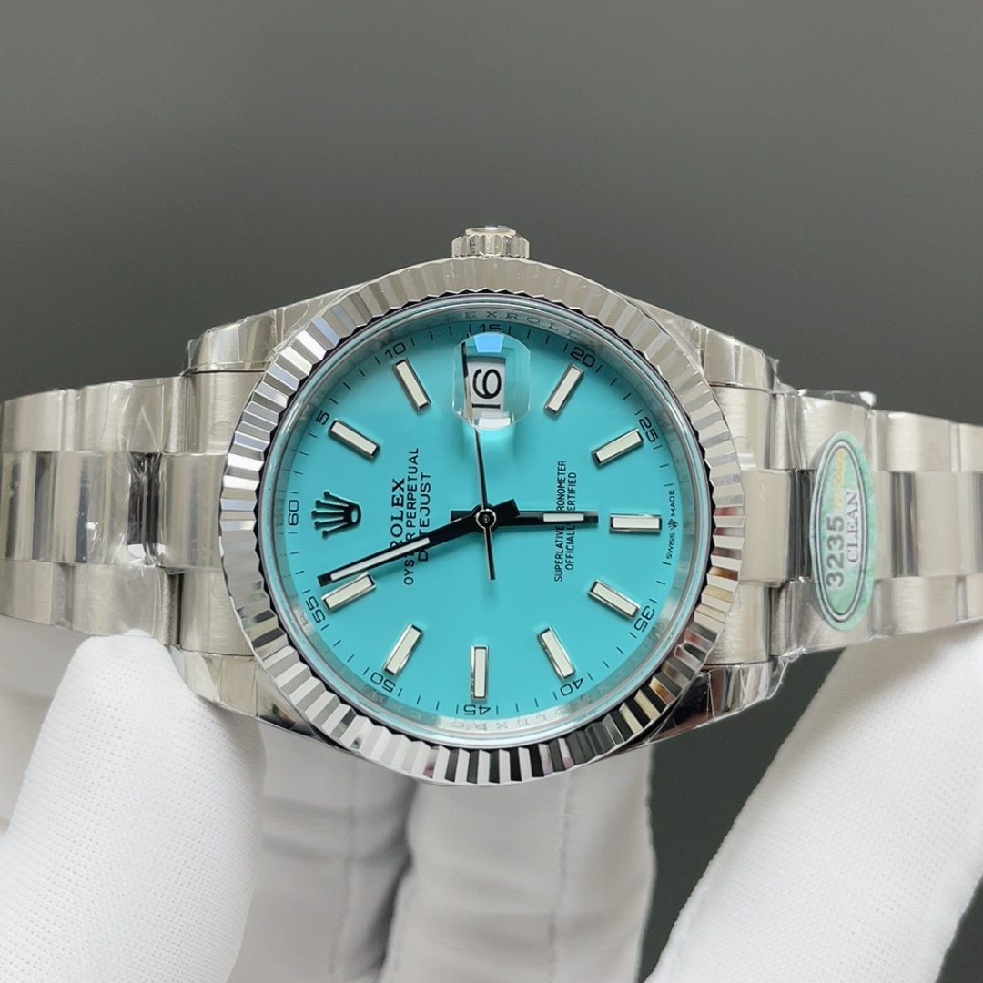 Rolex Datejust Style Automatic Watch, Blue Dial White Gold Case Metal Bracelet 100m Water Resistant