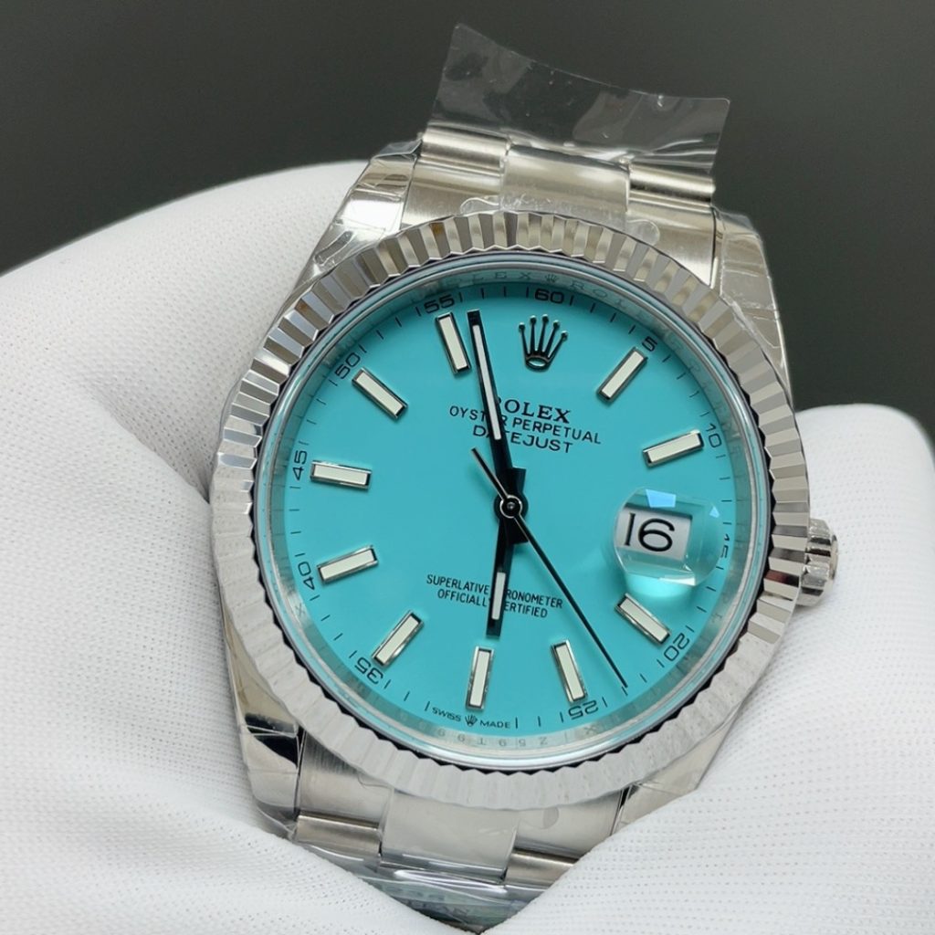 Rolex Datejust Style Automatic Watch, Blue Dial White Gold Case Metal Bracelet 100m Water Resistant