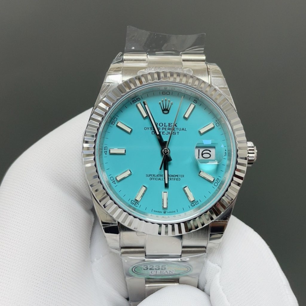 Rolex Datejust Style Automatic Watch, Blue Dial White Gold Case Metal Bracelet 100m Water Resistant