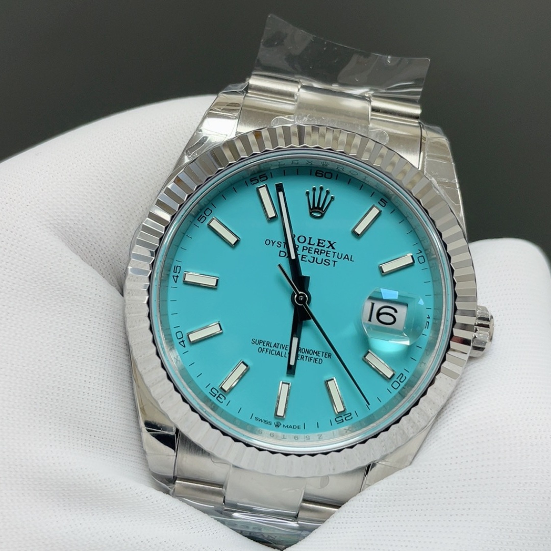 Rolex Datejust Style Automatic Watch, Blue Dial White Gold Case Metal Bracelet 100m Water Resistant