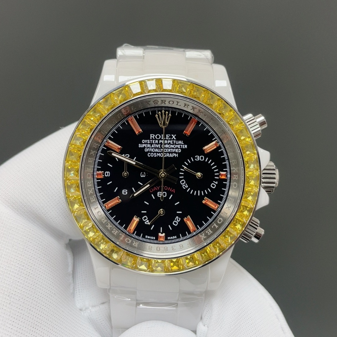 Rolex Cosmograph Style Automatic Watch, Black Dial White Gold Case Sapphire Crystal 100m Chronograph