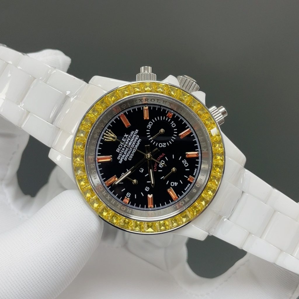 Rolex Cosmograph Style Automatic Watch, Black Dial White Gold Case Sapphire Crystal 100m Chronograph