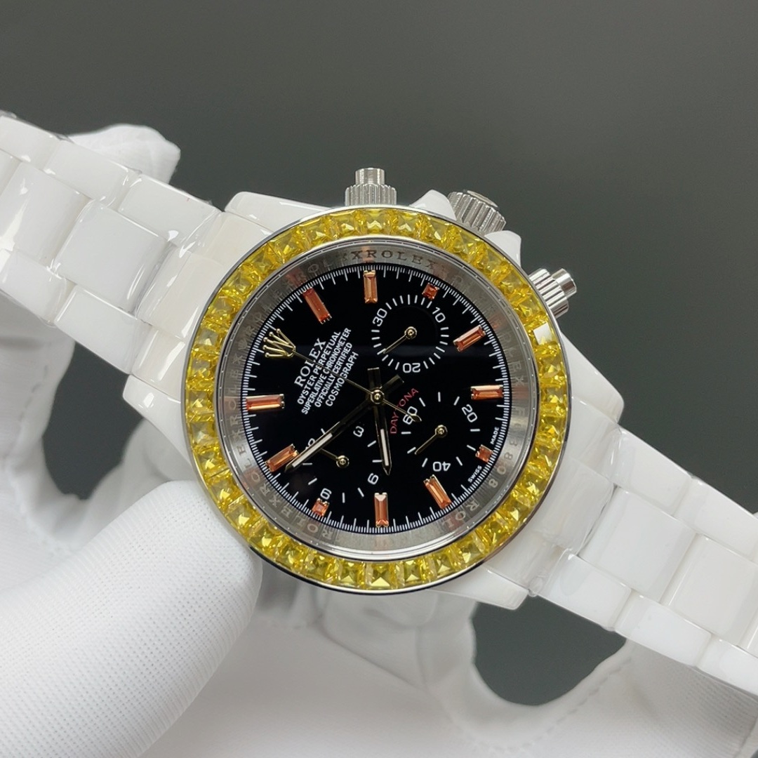 Rolex Cosmograph Style Automatic Watch, Black Dial White Gold Case Sapphire Crystal 100m Chronograph