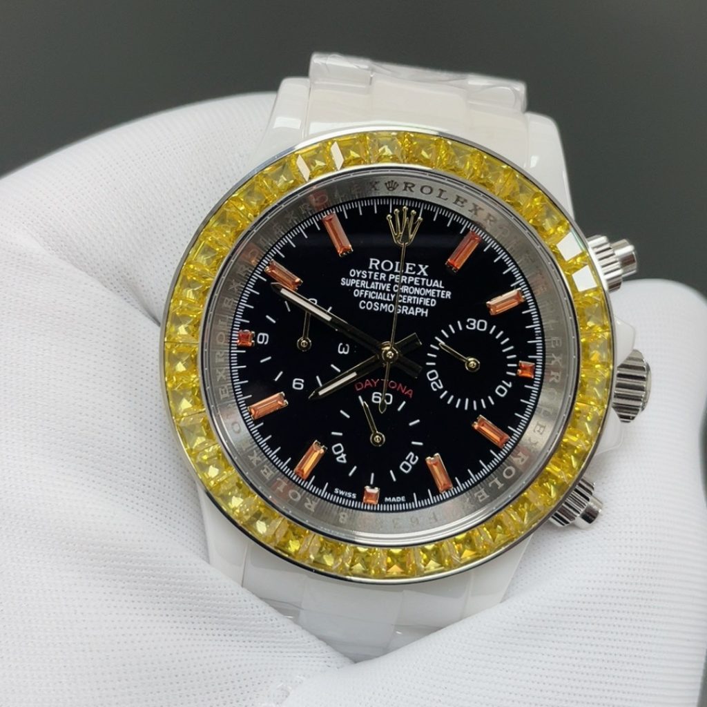 Rolex Cosmograph Style Automatic Watch, Black Dial White Gold Case Sapphire Crystal 100m Chronograph