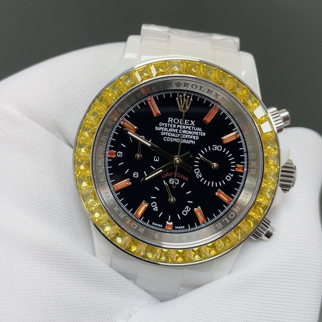 Rolex Cosmograph Style Automatic Watch, Black Dial White Gold Case Sapphire Crystal 100m Chronograph