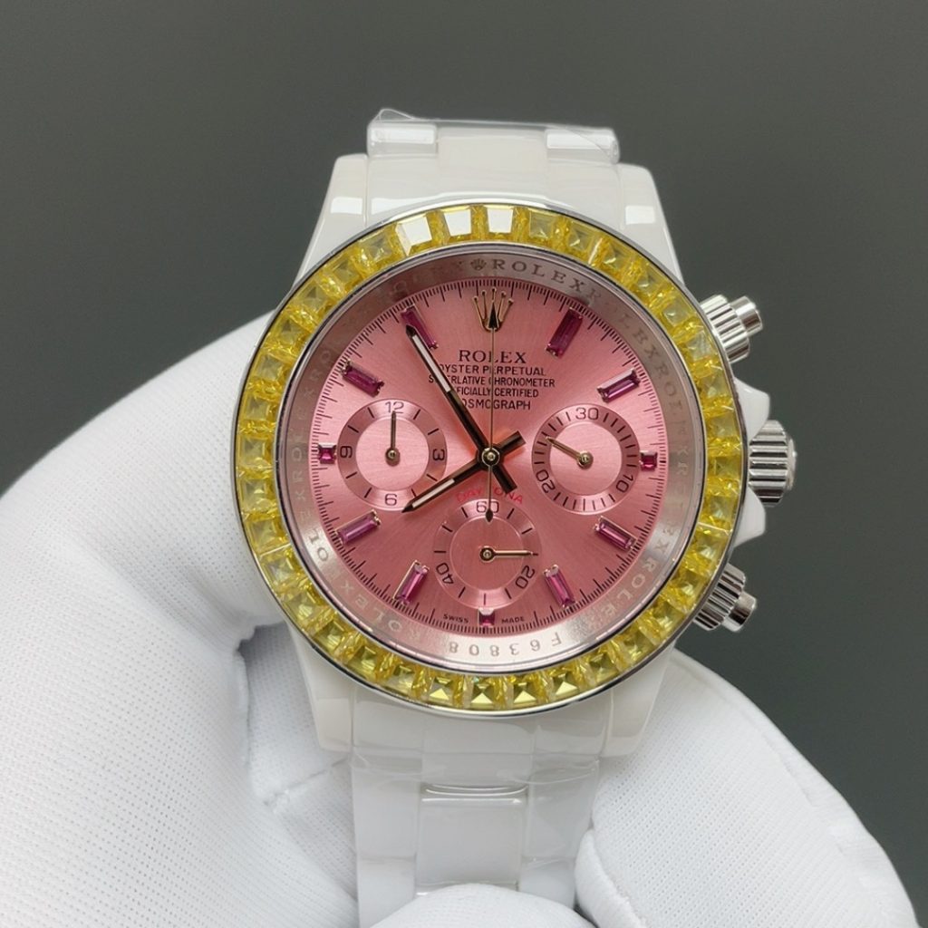 Rolex Cosmograph Style Automatic Watch, Black Dial White Gold Case Sapphire Crystal 100m Chronograph