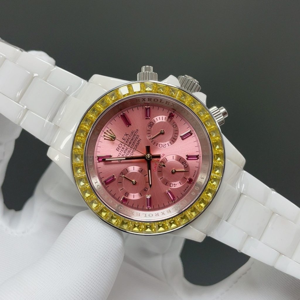 Rolex Cosmograph Style Automatic Watch, Black Dial White Gold Case Sapphire Crystal 100m Chronograph