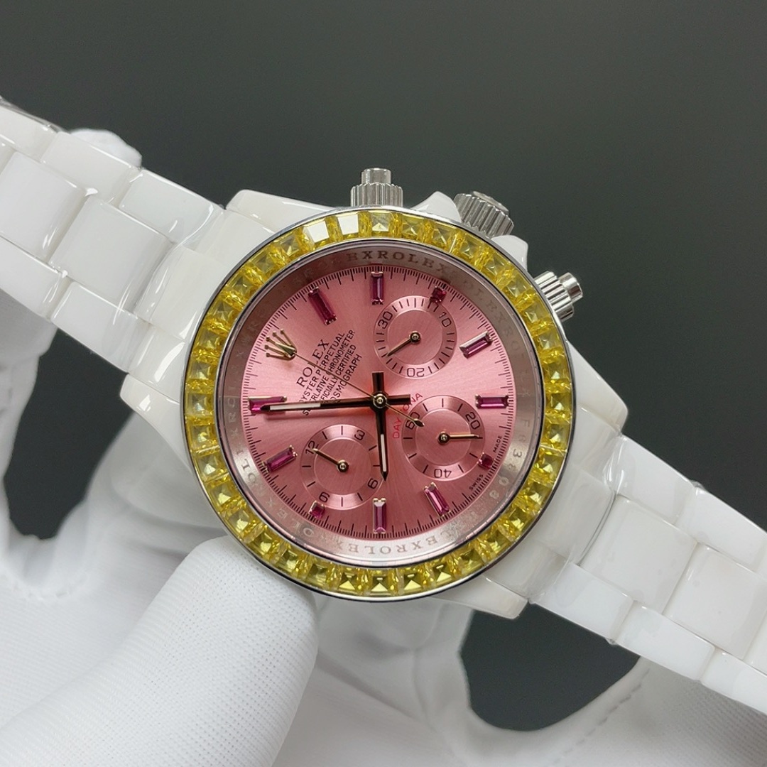 Rolex Cosmograph Style Automatic Watch, Black Dial White Gold Case Sapphire Crystal 100m Chronograph