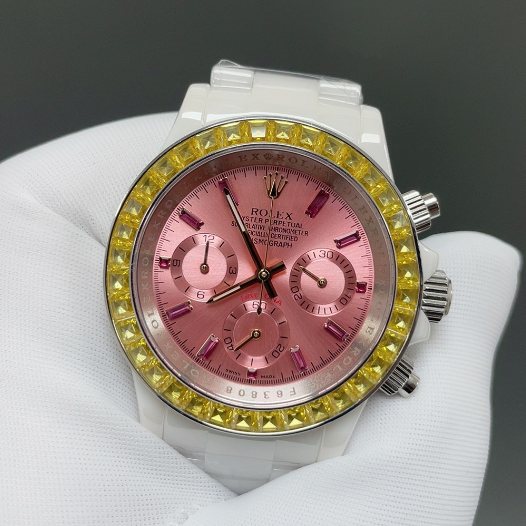 Rolex Cosmograph Style Automatic Watch, Black Dial White Gold Case Sapphire Crystal 100m Chronograph