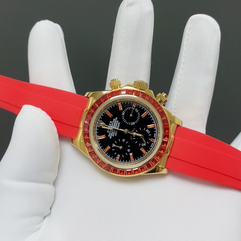 Rolex Cosmograph Style Automatic Watch, Black Dial Yellow Gold Case Rubber Strap Sapphire Crystal