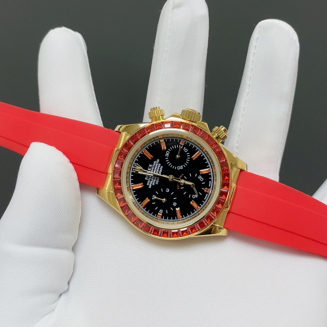 Rolex Cosmograph Style Automatic Watch, Black Dial Yellow Gold Case Rubber Strap Sapphire Crystal