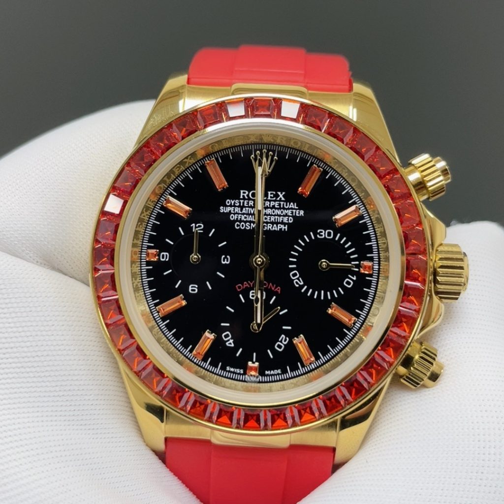 Rolex Cosmograph Style Automatic Watch, Black Dial Yellow Gold Case Rubber Strap Sapphire Crystal