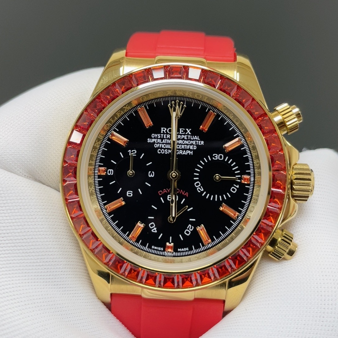 Rolex Cosmograph Style Automatic Watch, Black Dial Yellow Gold Case Rubber Strap Sapphire Crystal