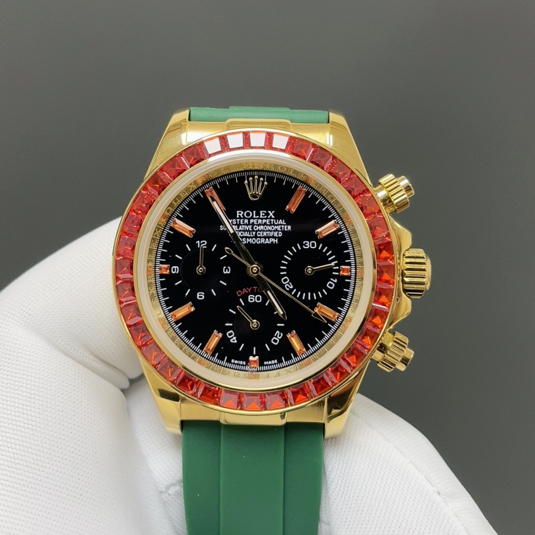 Rolex Cosmograph Style Automatic Watch, Black Dial Yellow Gold Case Rubber Strap Sapphire Crystal
