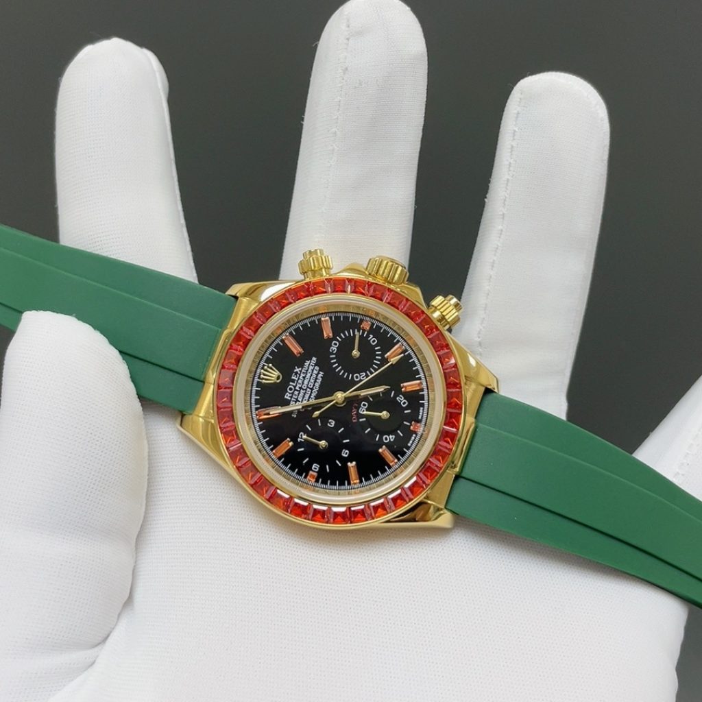 Rolex Cosmograph Style Automatic Watch, Black Dial Yellow Gold Case Rubber Strap Sapphire Crystal