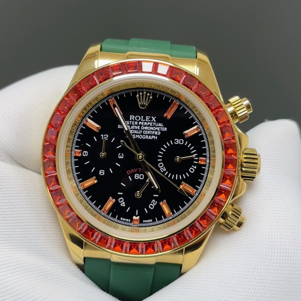 Rolex Cosmograph Style Automatic Watch, Black Dial Yellow Gold Case Rubber Strap Sapphire Crystal