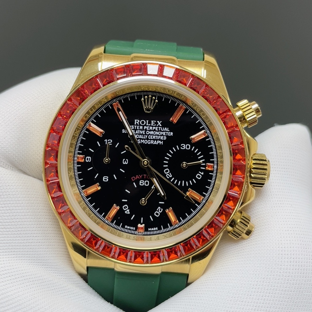 Rolex Cosmograph Style Automatic Watch, Black Dial Yellow Gold Case Rubber Strap Sapphire Crystal