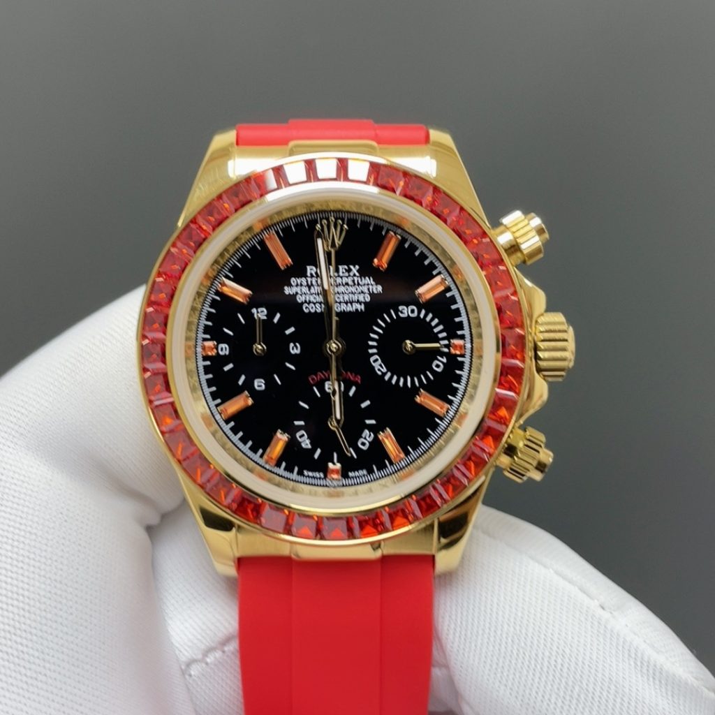 Rolex Cosmograph Style Automatic Watch, Black Dial Yellow Gold Case Rubber Strap Sapphire Crystal