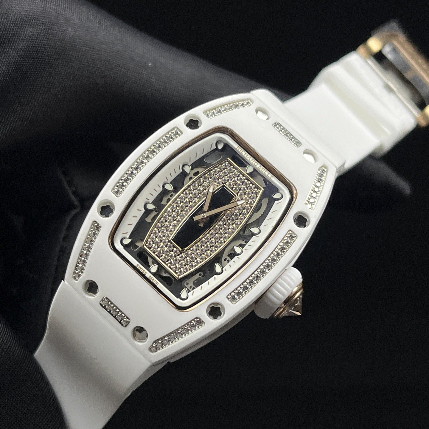 Richard Mille RM Style Automatic Watch, Diamond Dial Index Ceramic Case Rubber Strap 50m Sapphire