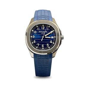 Patek Philippe Automatic Watch, Blue Dial Arabic Numeral Date Stainless Steel Case Rubber Strap