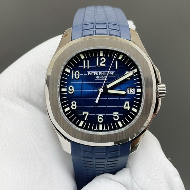 Patek Philippe Automatic Watch, Blue Dial Arabic Numeral Date Stainless Steel Case Rubber Strap