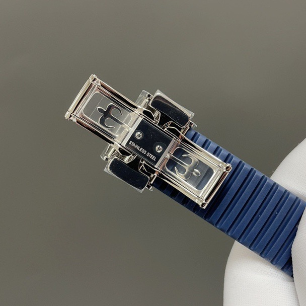 Patek Philippe Automatic Watch, Blue Dial Arabic Numeral Date Stainless Steel Case Rubber Strap