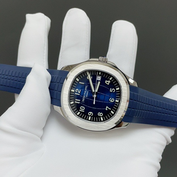 Patek Philippe Automatic Watch, Blue Dial Arabic Numeral Date Stainless Steel Case Rubber Strap