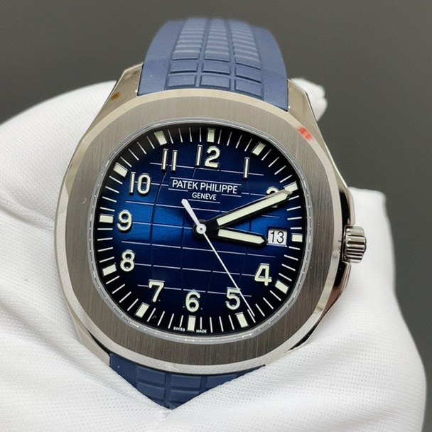 Patek Philippe Automatic Watch, Blue Dial Arabic Numeral Date Stainless Steel Case Rubber Strap