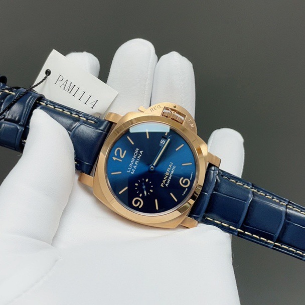 Panerai Luminor Style Automatic Watch, Blue Dial Leather Strap Sapphire Crystal 100m Water Resistant