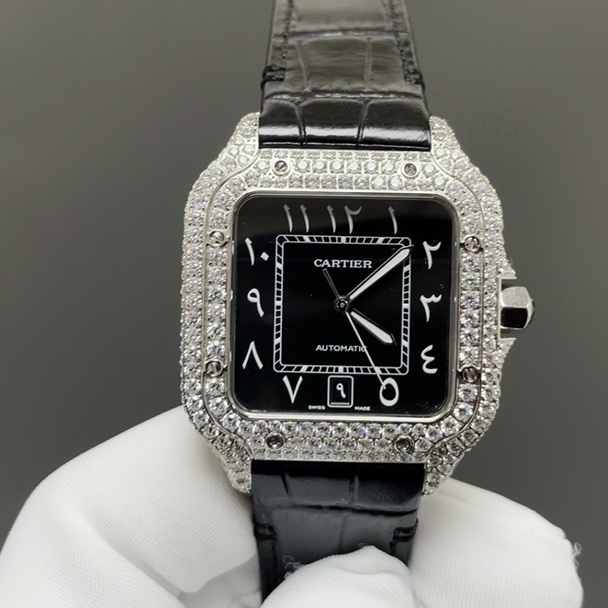 Cartier Diamond Set Automatic Watch, Black Dial Roman Numeral Date White Gold Case Leather Strap