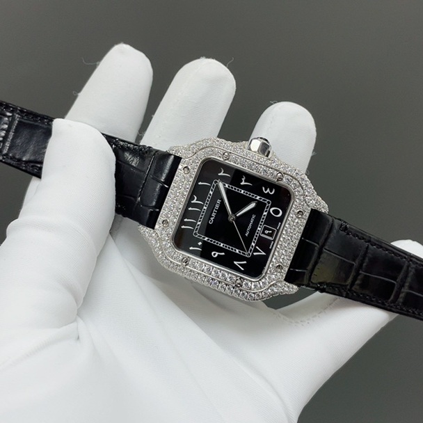 Cartier Diamond Set Automatic Watch, Black Dial Roman Numeral Date White Gold Case Leather Strap