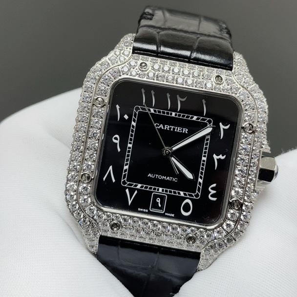 Cartier Diamond Set Automatic Watch, Black Dial Roman Numeral Date White Gold Case Leather Strap