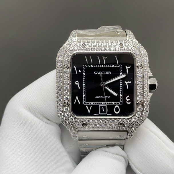 Cartier Diamond Set Automatic Watch, Black Dial Roman Numeral Date White Gold Case Leather Strap